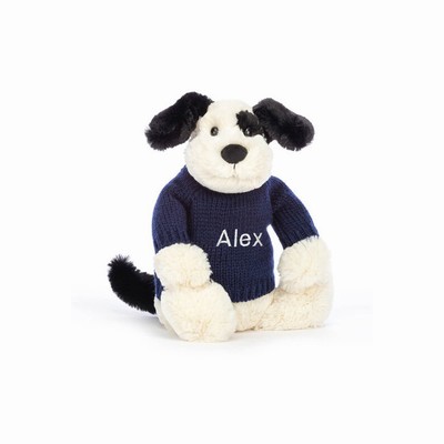 Jellycat Bashful Black & Cream Puppy with Navy Jumper New Zealand | OUGTJ2836